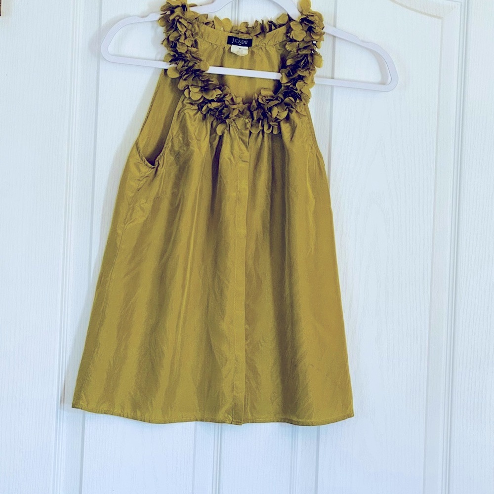 J. Crew Green Ruffled Sleeveless Blouse 100% Silk